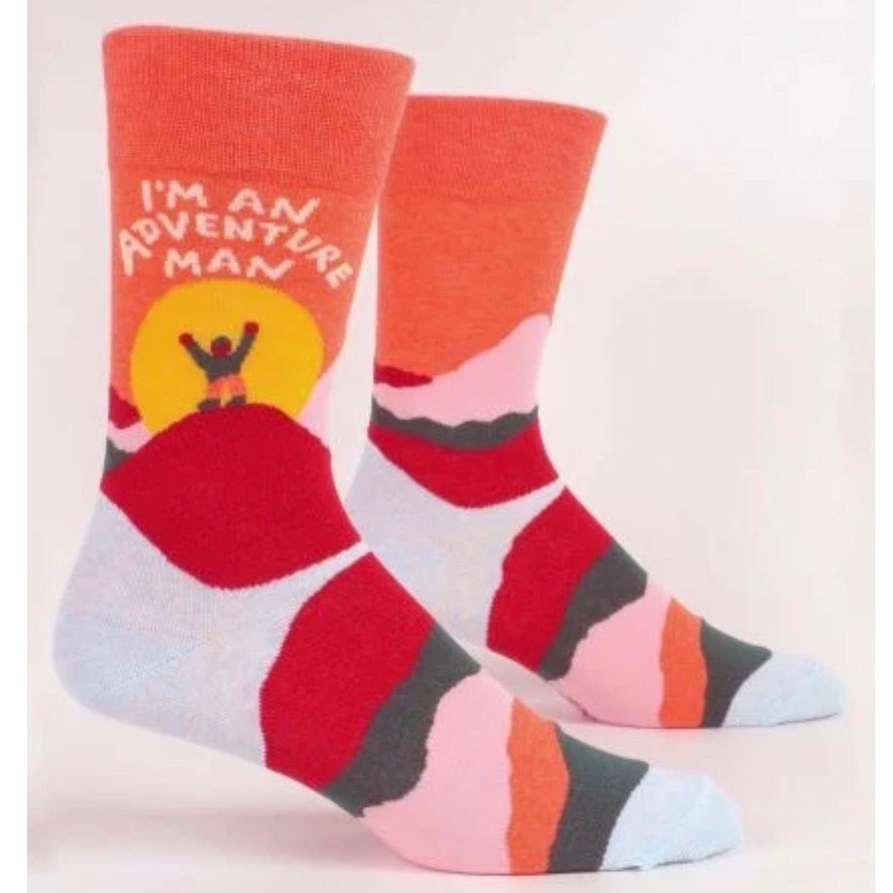 Blue Q Im An Adventure Man Mens Crew Socks Orange Mountain Novelty Sz 7-12 NEW